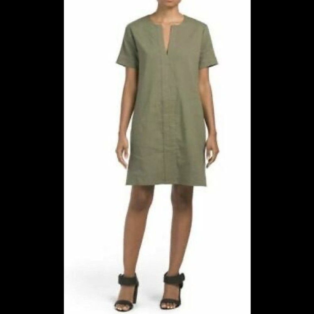 THEORY Slit Front Linen Shift Dress Caliver Green Medium